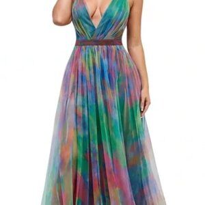 New Without Tags | Maniju Green/Rainbow Tulle Maxi Dress - Size M
